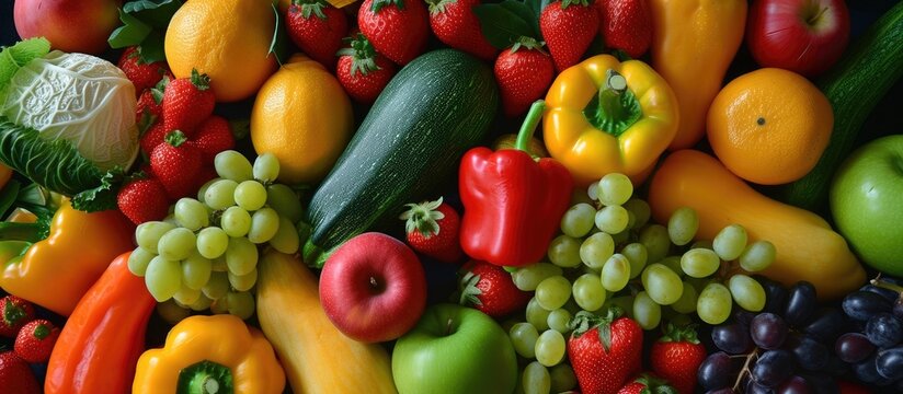 A vibrant display of a variety of artificial fruits and vegetables, showcasing different types and colors in one image.