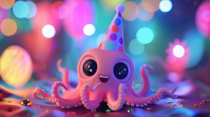 Cheerful Party Squid: Cute 3D Cartoon Ocean Creature in Colorful Lighting Celebrating in a Fun and Festive Costume Hat - obrazy, fototapety, plakaty