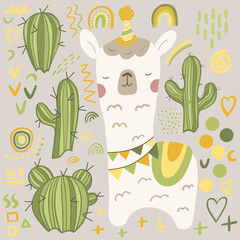 Lama, alpaca, cactus design elements 