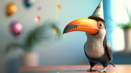 Joyful Tropical Toucan Party: Cute 3D Cartoon Bird in Festive Hat with Colorful Feathers and Cheerful Expression - obrazy, fototapety, plakaty