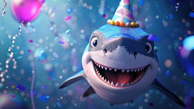 Happy Cartoon Shark in Party Hat: Adorable Underwater Celebration with Colorful Lighting and Wide Angle Lens