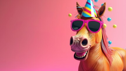 Happy Cute Horse in Party Hat Costume: Colorful Celebration with Whimsical 3D Cartoon Character