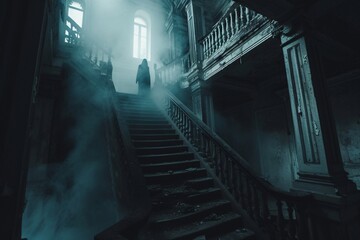 Fantôme descendent l'escalier d'une vieille maison hantée » IA générative - obrazy, fototapety, plakaty
