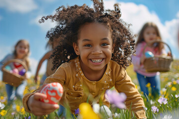 Close up of a group of children outside on an Easter egg hunt - obrazy, fototapety, plakaty