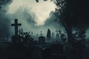 Fotobehang Silhouette mystérieuse devant une tombe dans un vieux cimetière » IA générative © Maelgoa