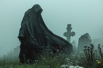 Silhouette noire de la mort devant une vieille pierre tombale » IA générative