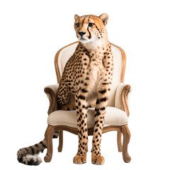Portrait of a cheetah casually sitting on wooden chair, isolated on transparent background