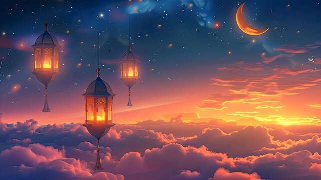 Decorated Arabic lanterns with burning candles floating above the clouds with a crescent moon and stars in the background, realistic, copy space - generative ai