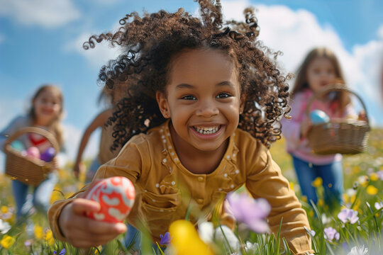 Naklejki Close up of a group of children outside on an Easter egg hunt