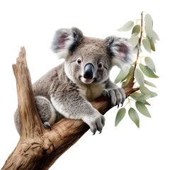 A cute koala bear on tree branch, isolated on transparent background