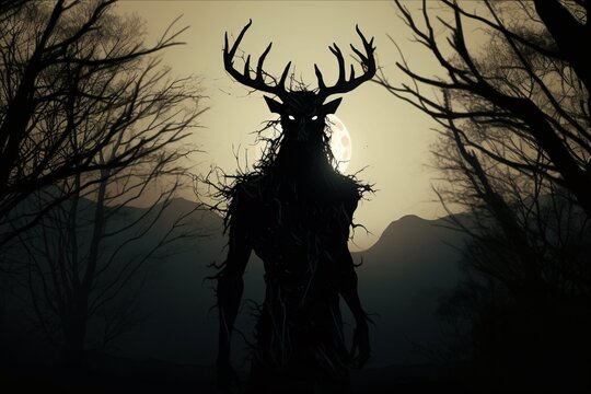 Silhouette d'un wendigo &agrave; la lueur de la pleine lune &raquo; IA g&eacute;n&eacute;rative