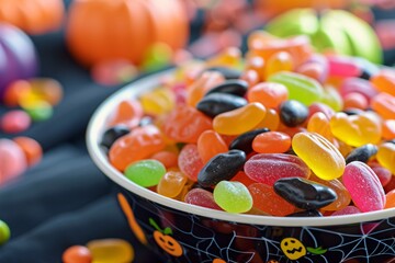 Des bonbons de toutes les couleurs dans un bol d'Halloween » IA générative - obrazy, fototapety, plakaty