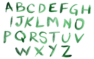 Alphabet from A to Z, hand painted with a brush and watercolor paint. Irregular, rustic and organic shapes. Abcedary isolated on white background, for composing layouts. Complete font set collection.