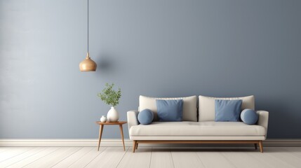 Minimalist room with concrete cement walls, soft chairs, wooden table and vase of dried flowers.