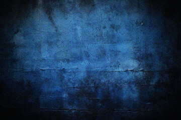Blue grunge noise background with scratches. Dirty navy trendy grainy cement textured wall. Vintage wide long backdrop