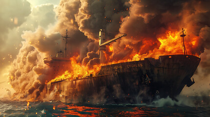 a large ship on fire with smoke billowing out of it's stacks