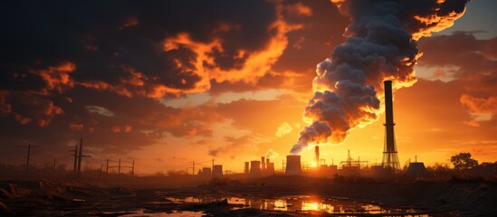 Factory chimney. environmental and atmospheric pollution. The sky is smoky with toxic substances. Sunset over industrial city