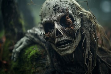 Une vieille femme zombie perdue dans la forêt » IA générative - obrazy, fototapety, plakaty