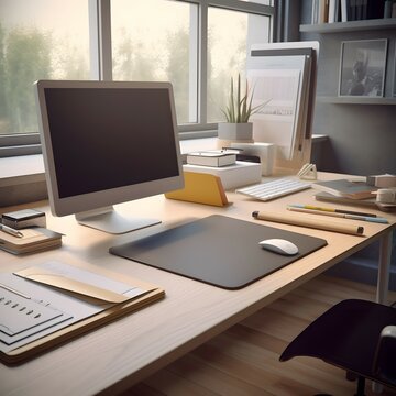 Workplace, Office Desk, Office desk with computer and clipboard, photorealistic hdr 8k, High quality, micro detail, 30 - megapixel, super detailed, render, v4, 16  9, realistic, sharp focus, studio p