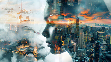 A person's face is superimposed on a cityscape. The cityscape is of a bustling metropolis. The person's face is in the foreground and the cityscape is in the background.