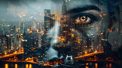 A person's face is superimposed on a cityscape. The cityscape is of a bustling metropolis. The person's face is in the foreground and the cityscape is in the background.