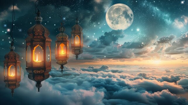 Decorated Arabic lanterns with burning candles floating above the clouds with a crescent moon and stars in the background, realistic, copy space - generative ai