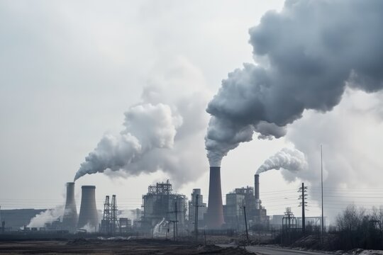 An industrial complex with towering smokestacks discharges thick smoke, contributing to air pollution. Industrial Complex Spewing Smoke and Pollution