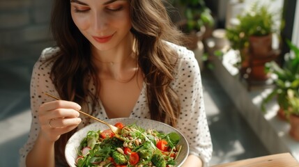 A woman with long brown hair enjoys a fresh salad in a sunlit indoor garden setting.

