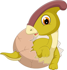 Cartoon baby parasaurolophus hatching from egg