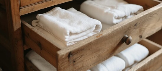Rustic wooden drawer filled with neatly folded towels and elegant bath linens - obrazy, fototapety, plakaty