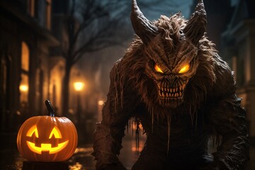 Portrait d'un monstre à côté d'une citrouille la nuit d'Halloween » IA générative