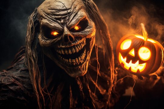 Masque effrayant posé à côté d'une citrouille éclairée à Halloween » IA générative