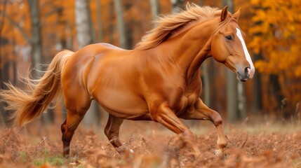 Majestic Chestnut Horse Galloping in Autumn Woods