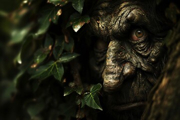 Gros plan sur un troll caché dans le tronc d'un arbre » IA générative - obrazy, fototapety, plakaty