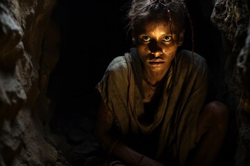Portrait d'une jeune fille dans une grotte sombre » IA générative