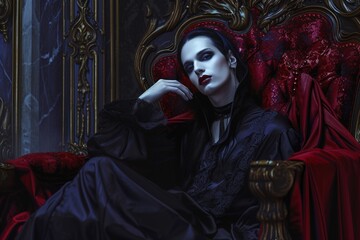 Portrait d'un jeune vampire sur un trône rouge » IA générative
