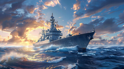 a large military ship in the middle of the ocean with a sky background