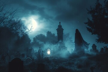 Une silhouette mystérieuse dans un cimetière la nuit » IA générative