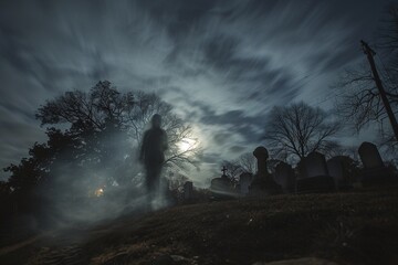 Un esprit se promenant dans un cimetière un jour de pleine lune » IA générative