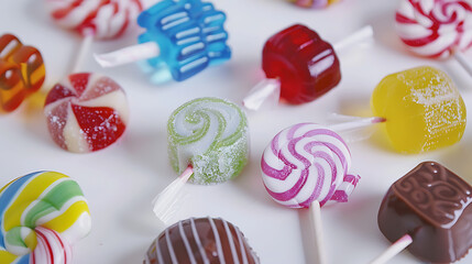 a group of colorful candies and lollipops on a white background