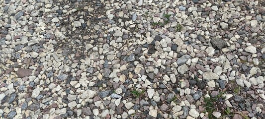 Small stones on the ground. Small granite stones are scattered in a continuous layer on a flat surface. They come in brown, white, gray and black colors. Grass grows through the stones.