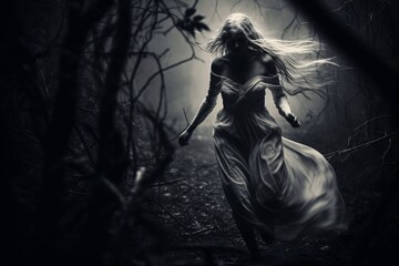 Jeune femme s'effuyant dans l'obscurité d'une forêt » IA générative - obrazy, fototapety, plakaty