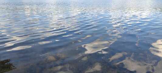 Transparent water of a forest lake. The wavy surface of the water in the rays of the setting sun....