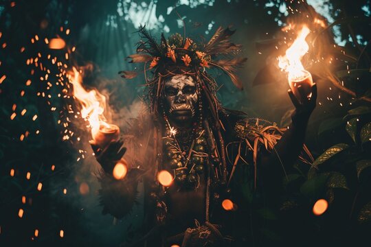 Chaman pr&eacute;parant un rituel avec des bougies dans la for&ecirc;t &raquo; IA g&eacute;n&eacute;rative