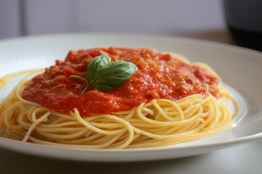 Classic Pasta Delight: Spaghetti with Sauce and Basil Plated