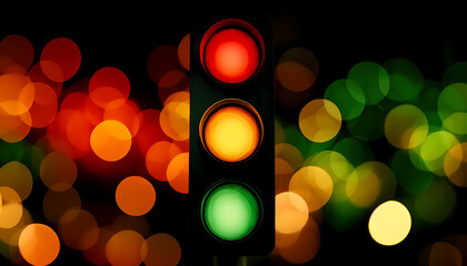 Eine Ampel leuchtet rot, gelb und grün, neutraler schwarzer Hintergrund mit Bokeh in den Farben der Ampellichter - obrazy, fototapety, plakaty