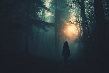 Silhouette d'une femme perdue dans l'obscurité d'une forêt » IA générative