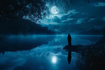 Silhouette mystérieuse devant un étang un jour de pleine lune » IA générative