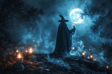 Fototapeta na wymiar Un sorcier noir une nuit de pleine lune » IA générative