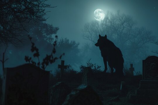 Un loup dans un cimetière une nuit de pleine lune » IA générative